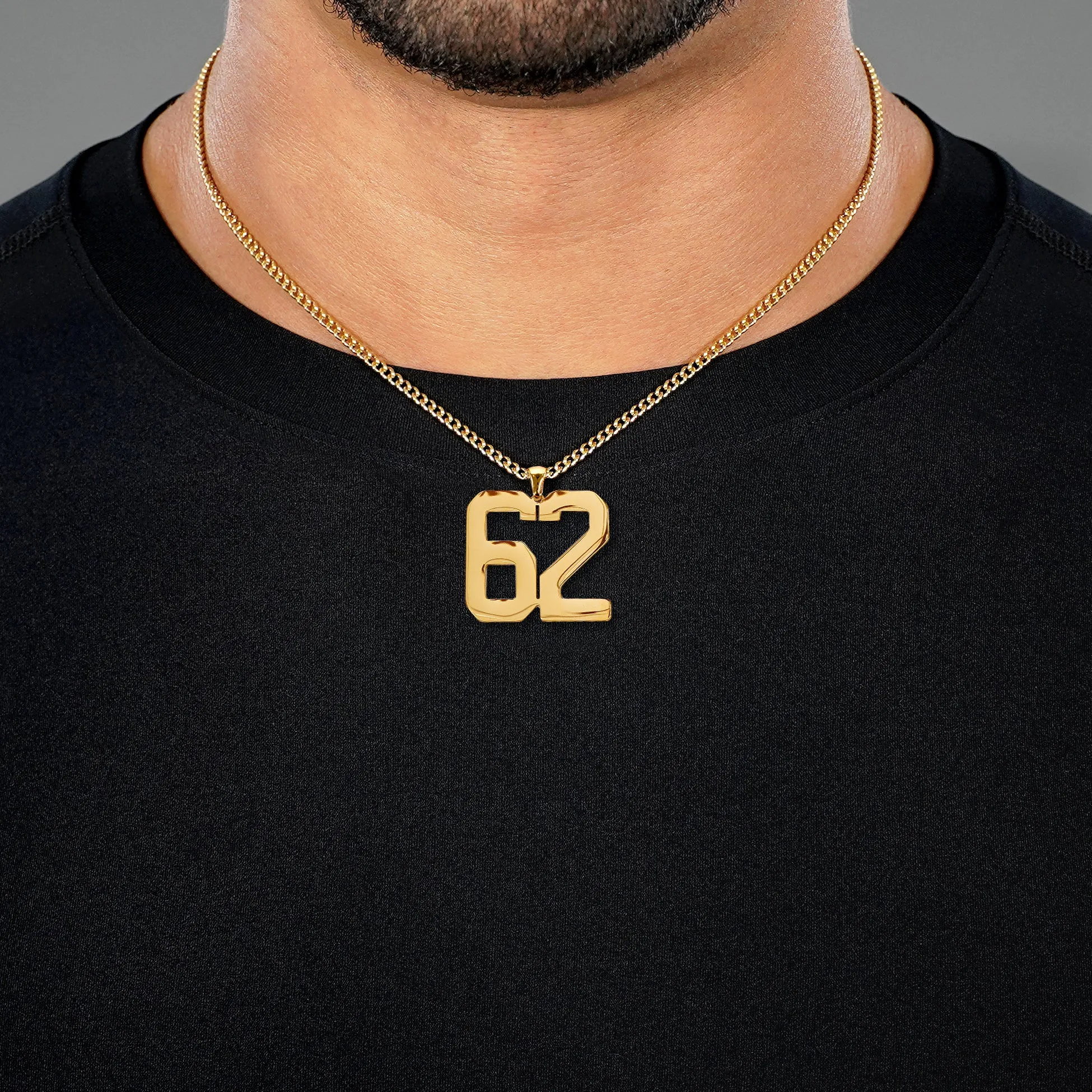 62 Number Pendant with Chain Necklace - Gold Plated Stainless Steel