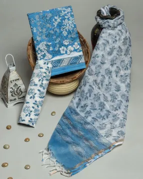 Blue Jaal Print Cotton Suit Set with Kota Doria Dupatta (RKD07)