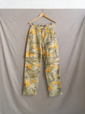 Womens Mid-Rise Beige and Orange Camo Cargo Trousers with Multiple Pockets from DKNY, 1990s Vintage, Size M